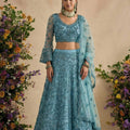 Stunning Teal Blue Butterfly Net Embroidered Lehenga Choli with Dupatta for Women
