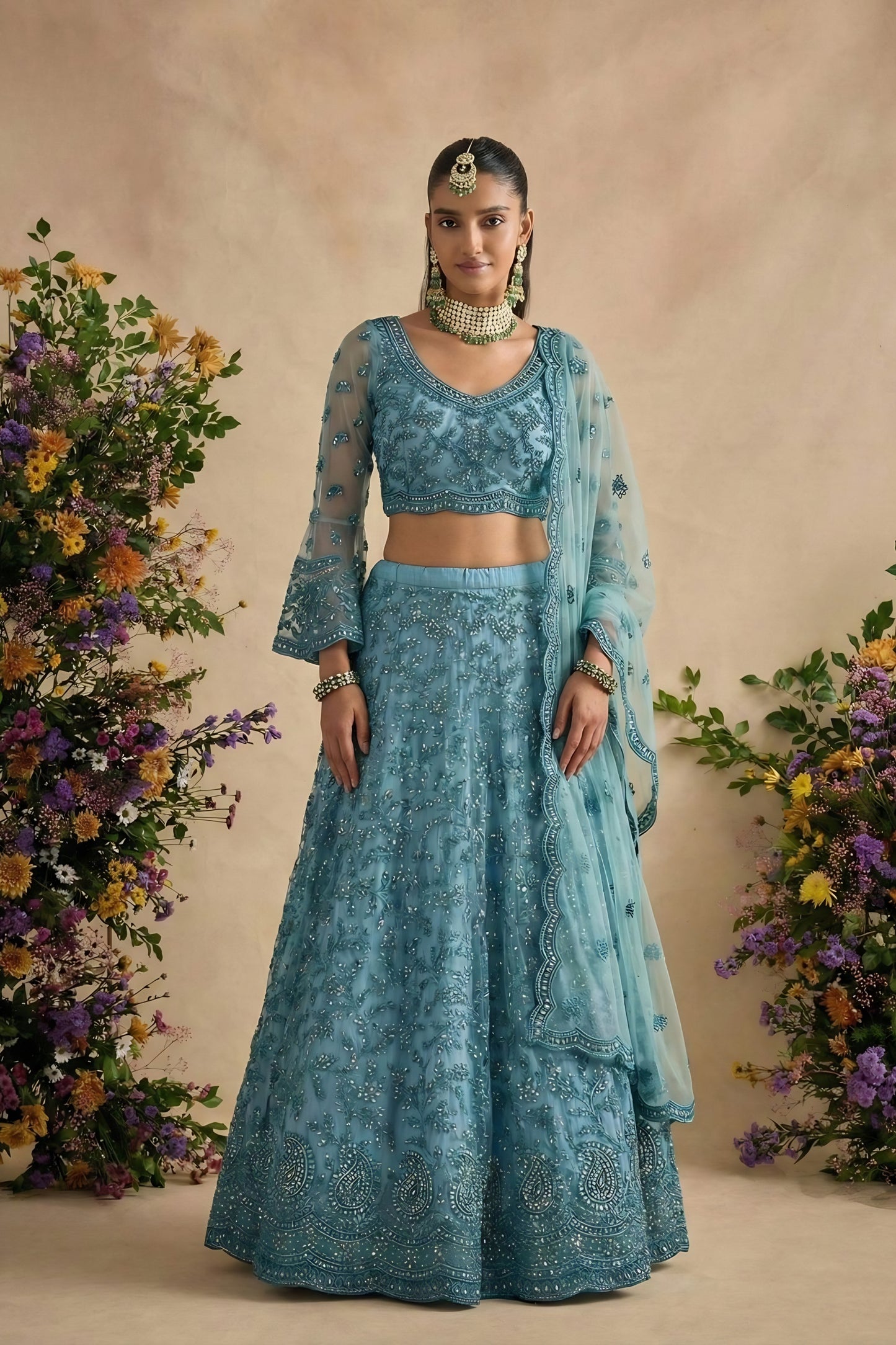 Stunning Teal Blue Butterfly Net Embroidered Lehenga Choli with Dupatta for Women