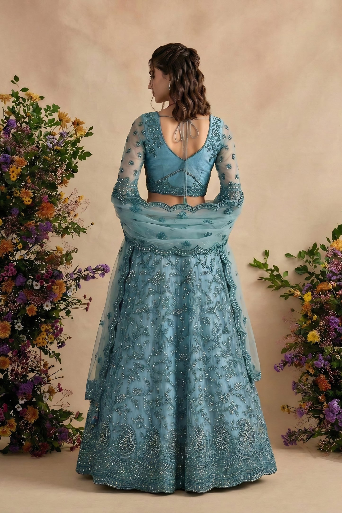 Stunning Teal Blue Butterfly Net Embroidered Lehenga Choli with Dupatta for Women