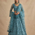 Stunning Teal Blue Butterfly Net Embroidered Lehenga Choli with Dupatta for Women