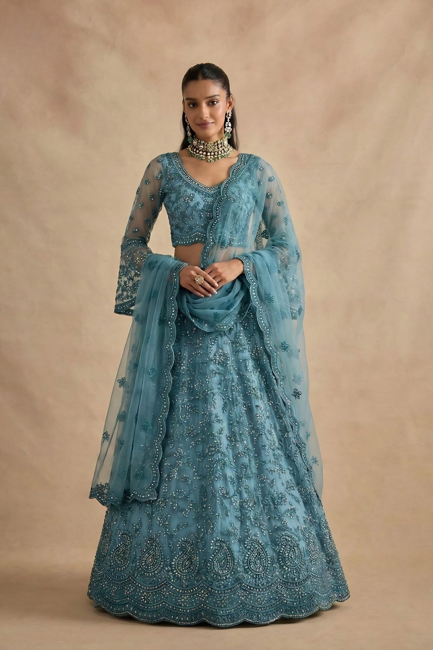  Stunning Teal Blue Butterfly Net Embroidered Lehenga Choli with Dupatta for Women