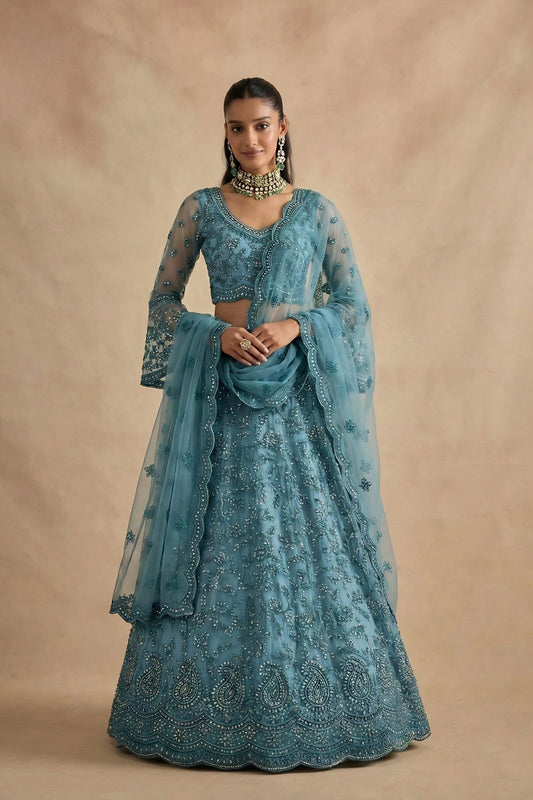  Stunning Teal Blue Butterfly Net Embroidered Lehenga Choli with Dupatta for Women