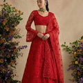 Traditional Red Butterfly Net Embroidered Lehenga Choli with Dupatta for Women