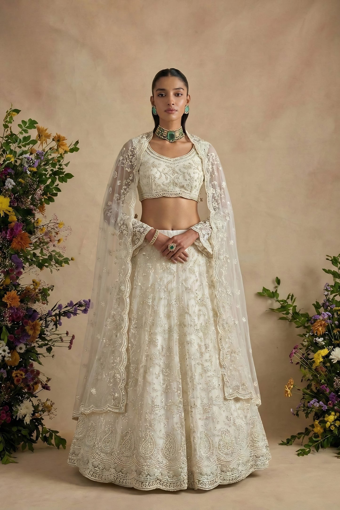 Elegant Off White Butterfly Net Embroidered Lehenga Choli with Dupatta for Women