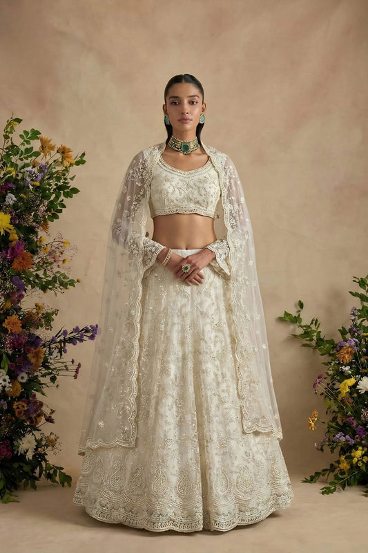 Elegant Off White Butterfly Net Embroidered Lehenga Choli with Dupatta for Women