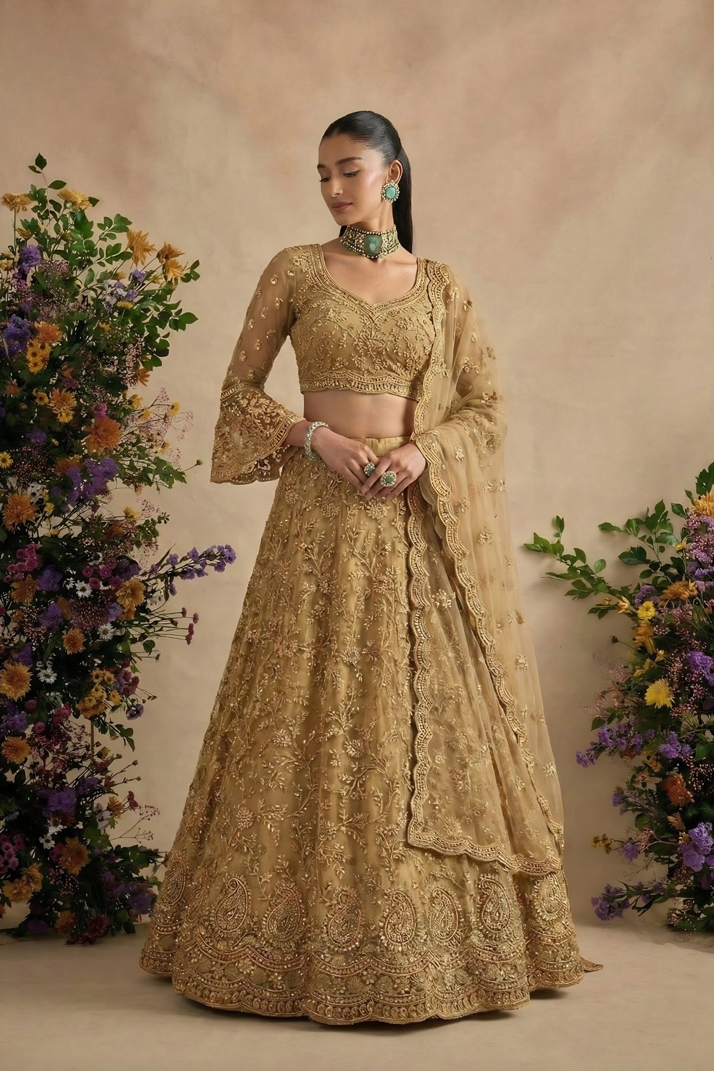 Superb Golden Butterfly Net Embroidered Lehenga Choli with Dupatta for Women