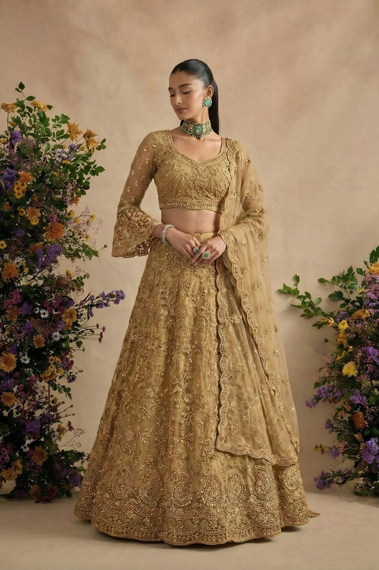 Superb Golden Butterfly Net Embroidered Lehenga Choli with Dupatta for Women