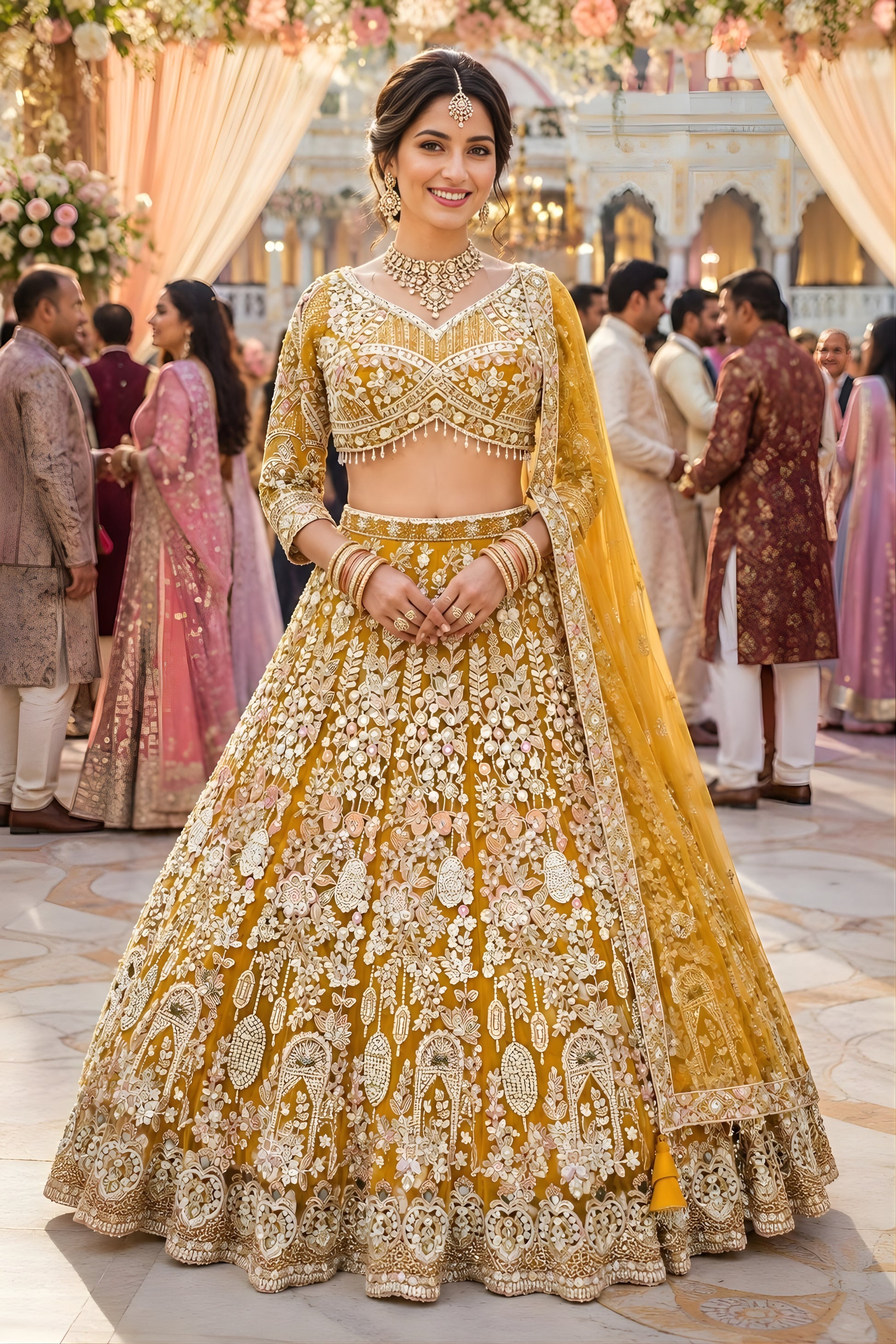 Luxury Mustard Yellow Embroidered Bridal Lehenga Choli with Designer Net Dupatta for Wedding