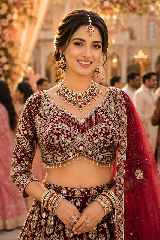 Stylish Maroon Embroidered Bridal Lehenga Choli with Designer Net Dupatta for Wedding Wear