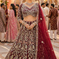 Stylish Maroon Embroidered Bridal Lehenga Choli with Designer Net Dupatta for Wedding Wear