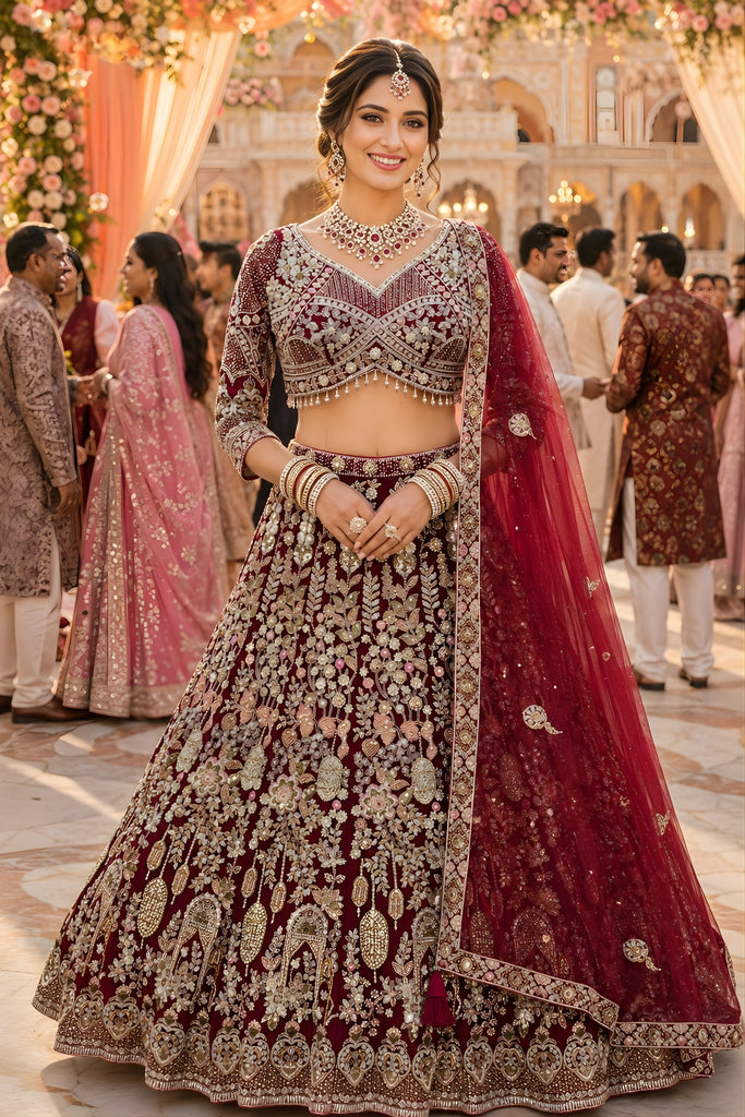 Stylish Maroon Embroidered Bridal Lehenga Choli with Designer Net Dupatta for Wedding Wear