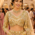 Trendy Beige Embroidered Bridal Lehenga Choli with Designer Net Dupatta for Wedding Wear