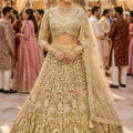 Trendy Beige Embroidered Bridal Lehenga Choli with Designer Net Dupatta for Wedding Wear