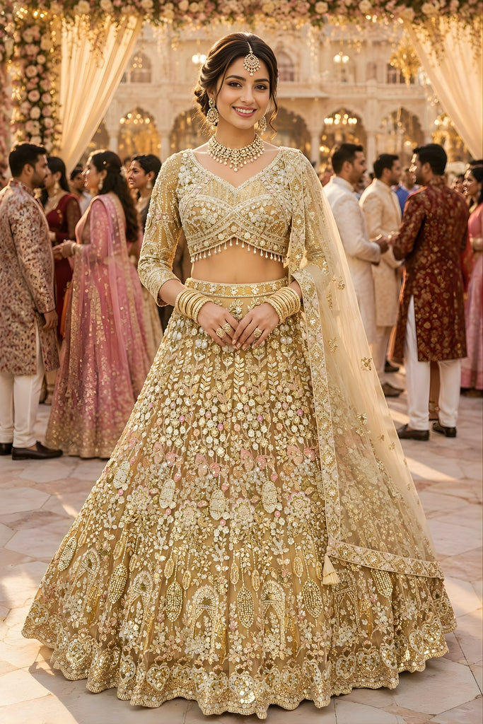 Trendy Beige Embroidered Bridal Lehenga Choli with Designer Net Dupatta for Wedding Wear