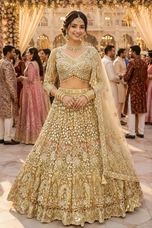 Trendy Beige Embroidered Bridal Lehenga Choli with Designer Net Dupatta for Wedding Wear