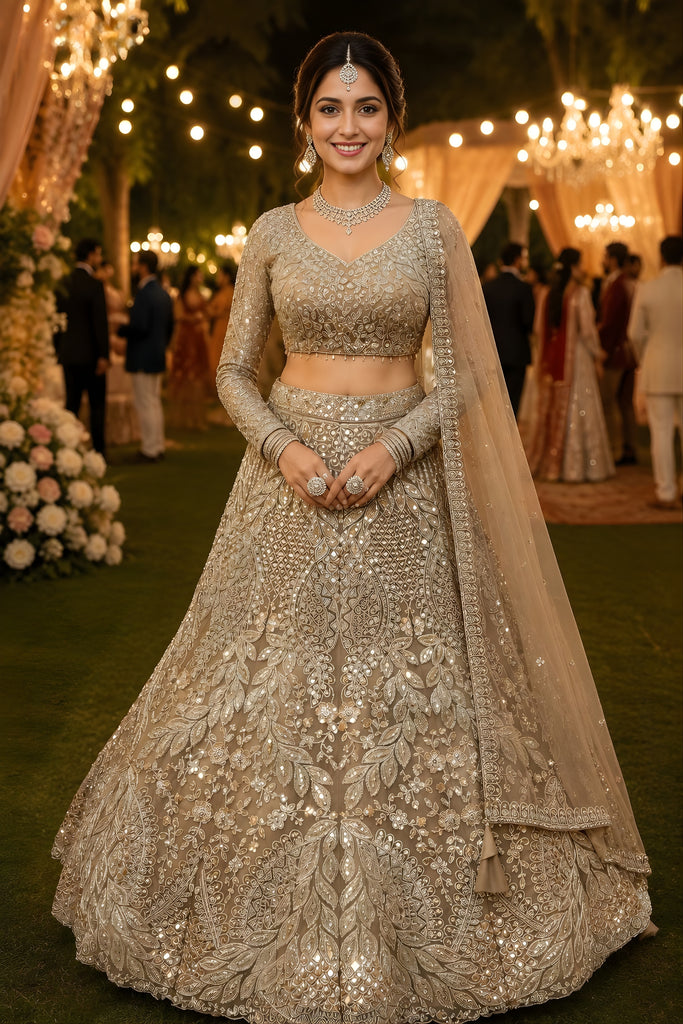 Luxury Beige Net Beads Work Bridal Lehenga Choli with Designer Dupatta