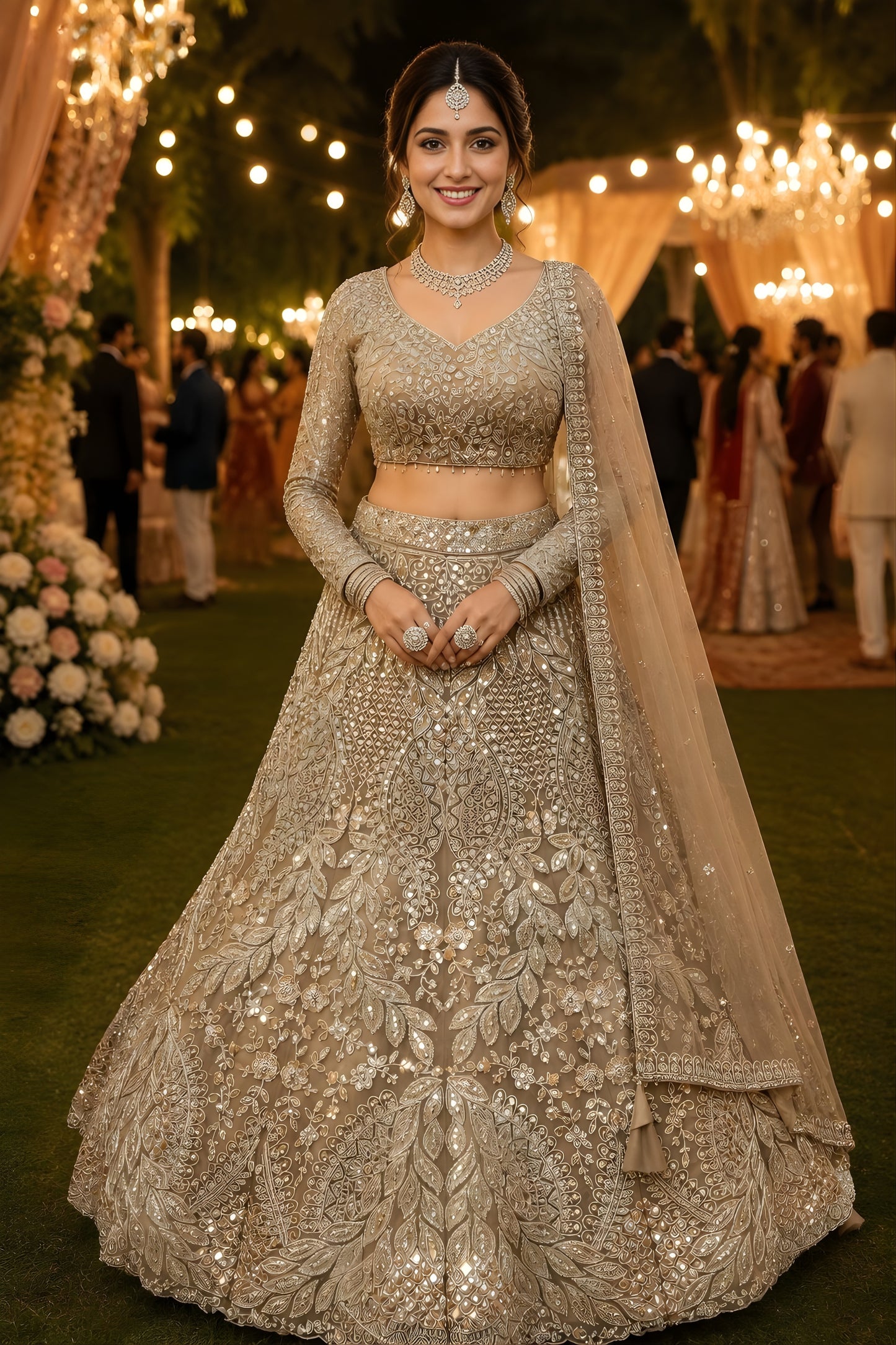 Luxury Beige Net Beads Work Bridal Lehenga Choli with Designer Dupatta
