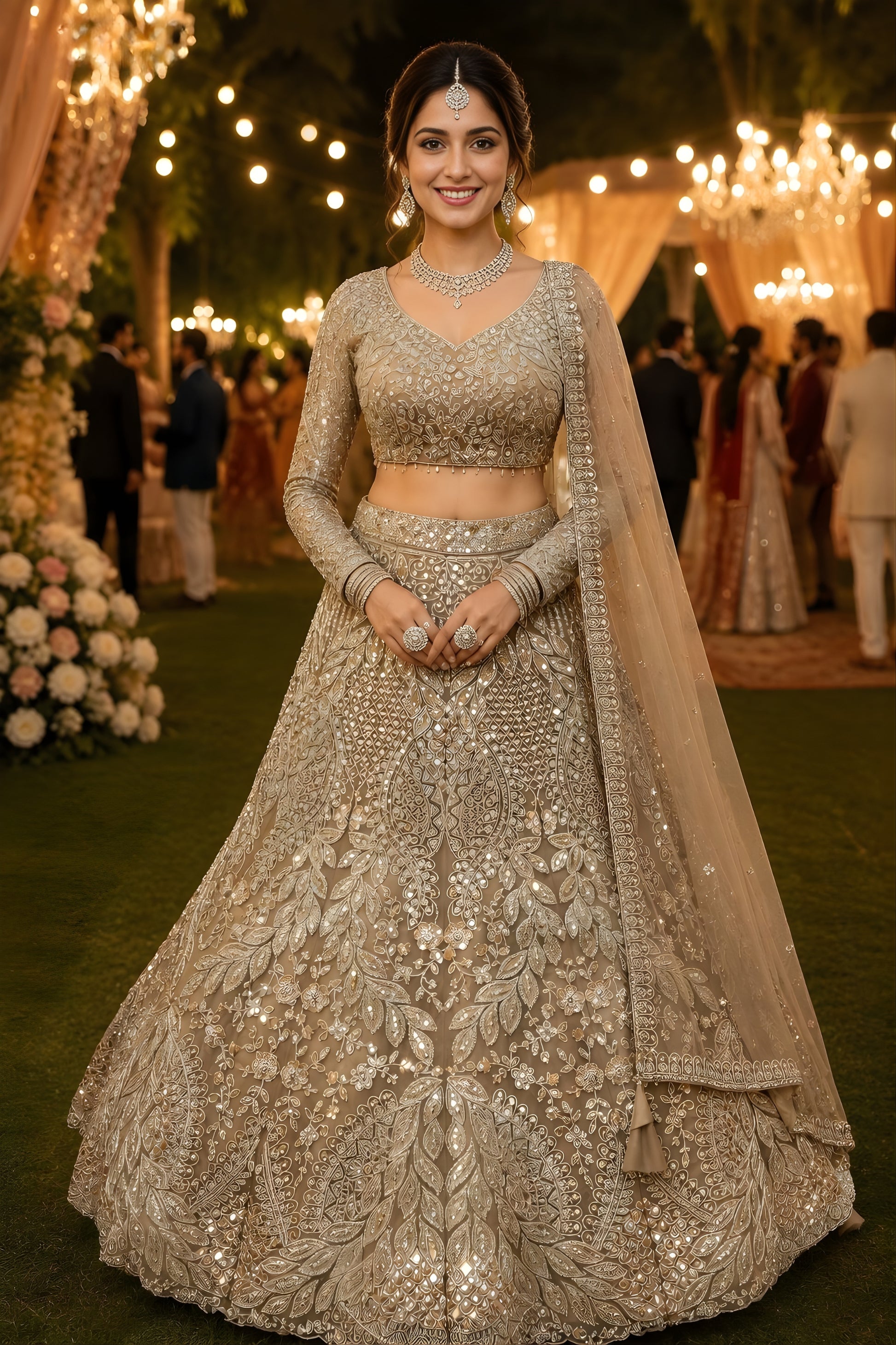 Luxury Beige Net Beads Work Bridal Lehenga Choli with Designer Dupatta