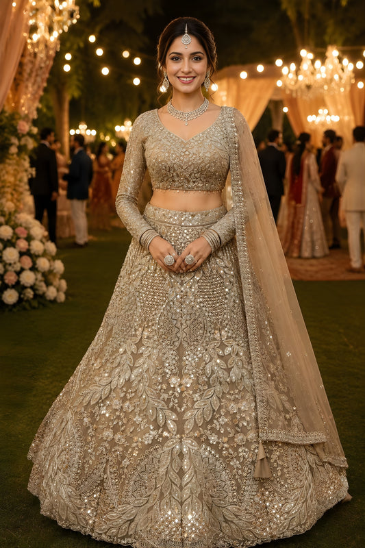 Luxury Beige Net Beads Work Bridal Lehenga Choli with Designer Dupatta