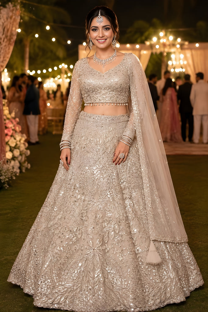 Stylish Silver Net Beads Work Bridal Lehenga Choli with Designer Dupatta for Wedding