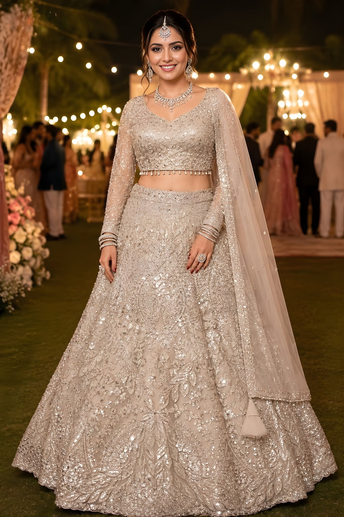 Stylish Silver Net Beads Work Bridal Lehenga Choli with Designer Dupatta for Wedding