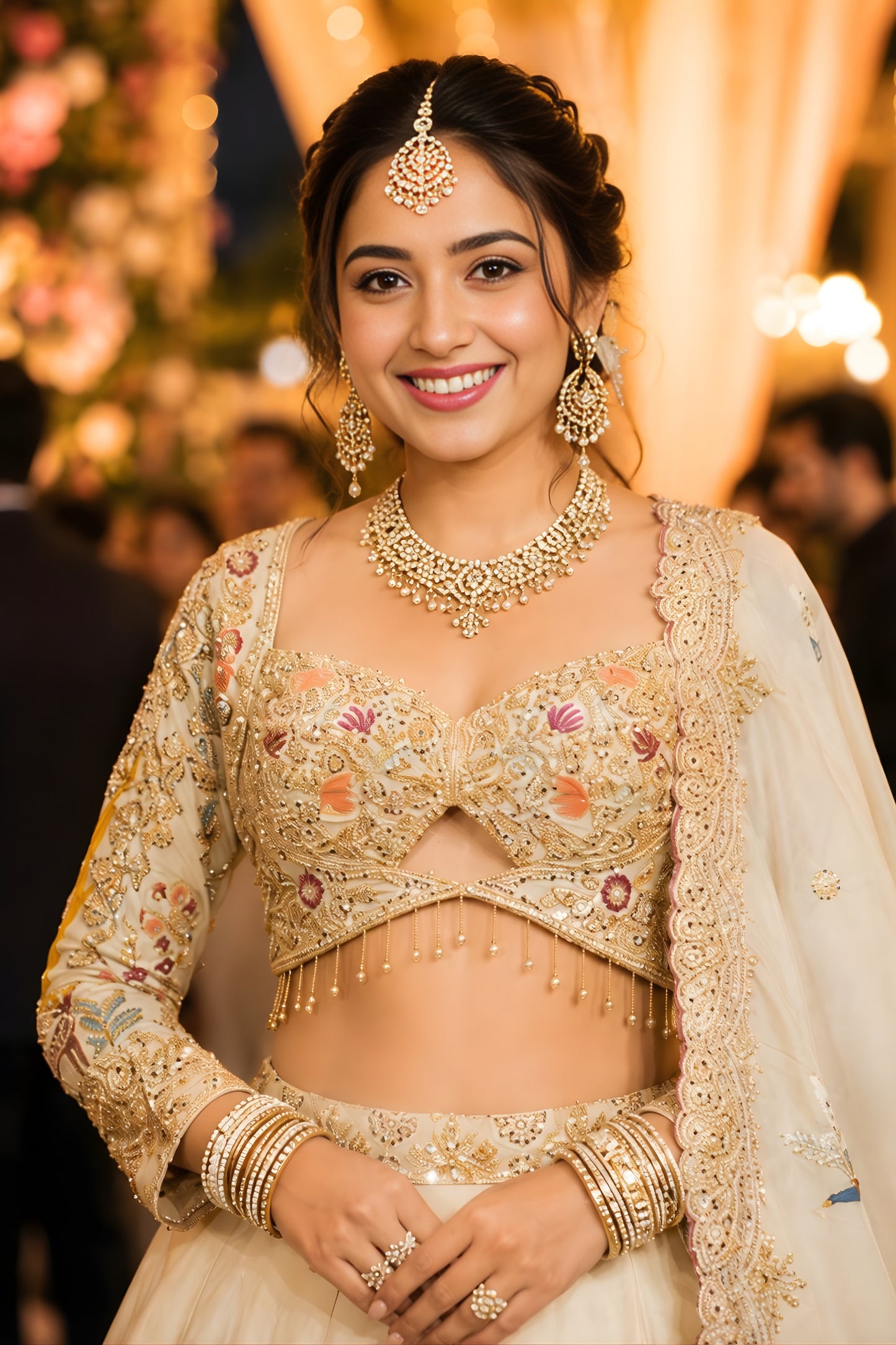 Luxury Off White Satin Beads Work Bridal Lehenga Choli with Designer Dupatta