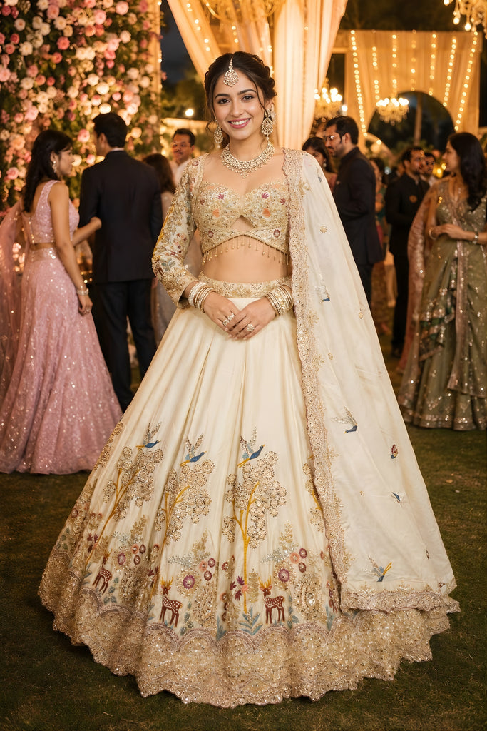 Luxury Off White Satin Beads Work Bridal Lehenga Choli with Designer Dupatta