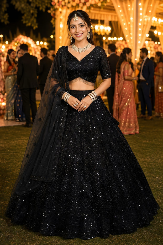 Stylish Black Net Beads Work Lehenga Choli with Designer Dupatta for Wedding