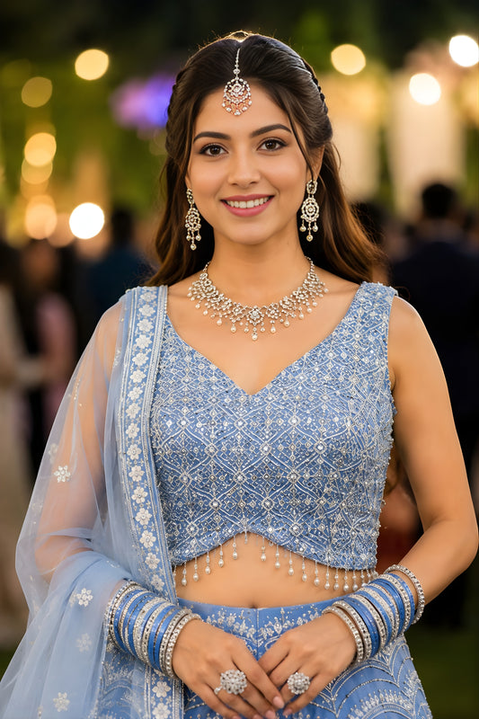 Stylish Sky Blue Net Embroidered Lehenga Choli with Designer Dupatta for Wedding