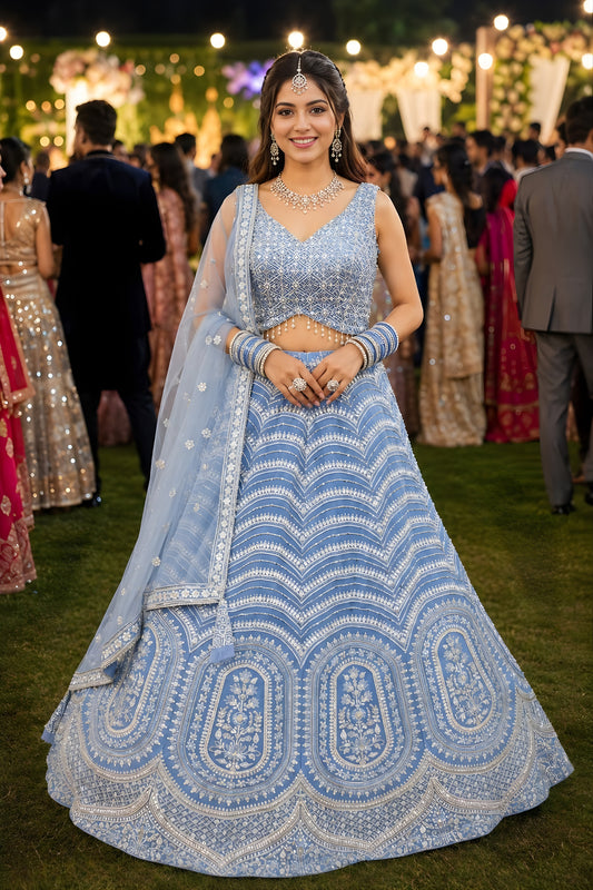 Stylish Sky Blue Net Embroidered Lehenga Choli with Designer Dupatta for Wedding