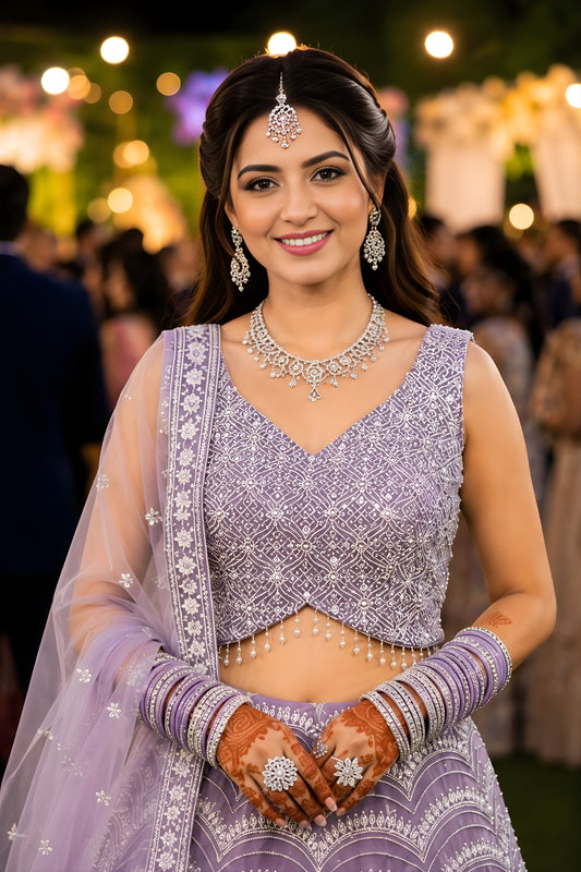 Elegant Lavender Net Embroidered Lehenga Choli with Designer Dupatta for Wedding
