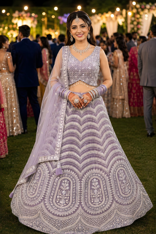 Elegant Lavender Net Embroidered Lehenga Choli with Designer Dupatta for Wedding