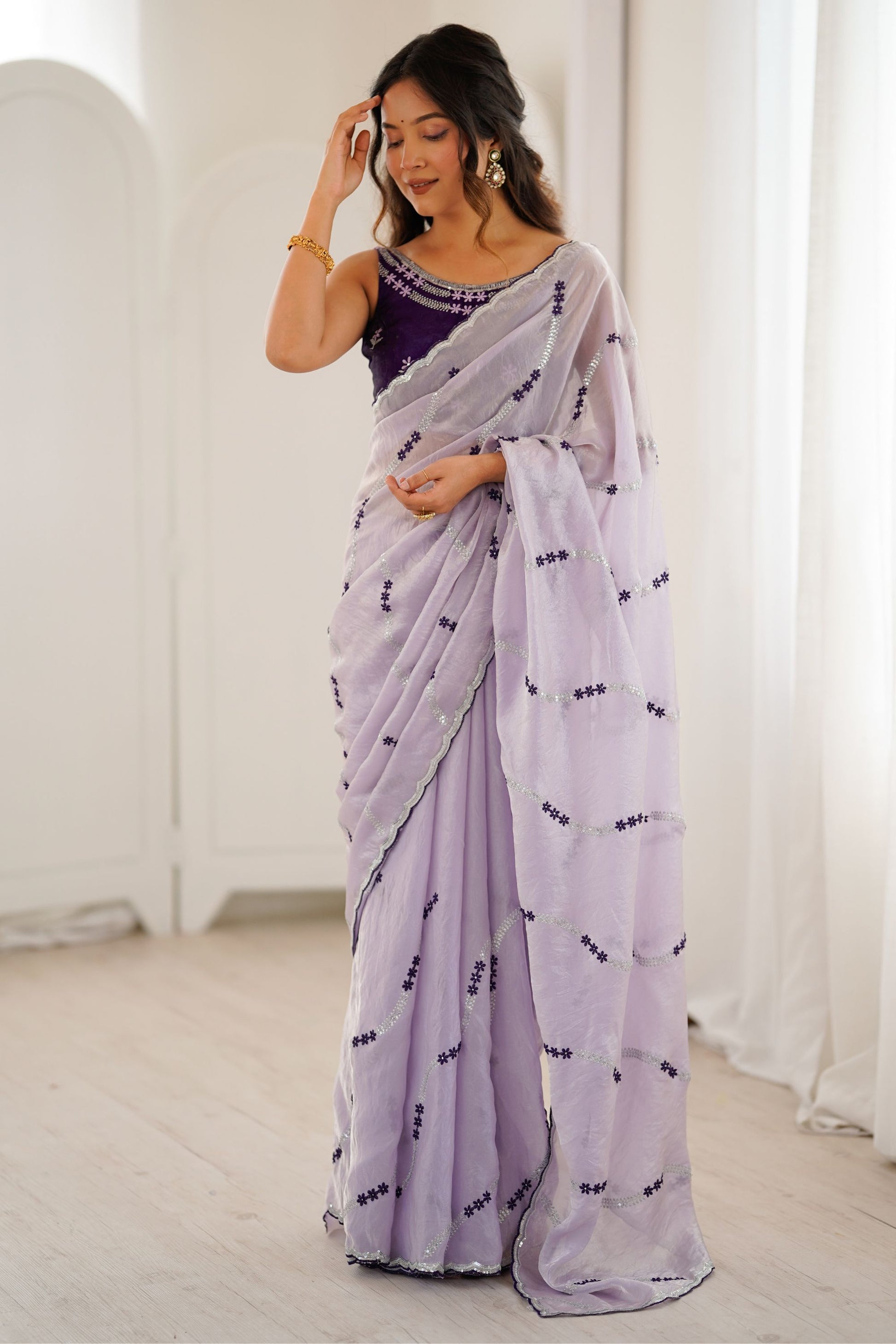 Lavender Tissue Silk Saree Purple Embroidered Sequin Designer Blouse