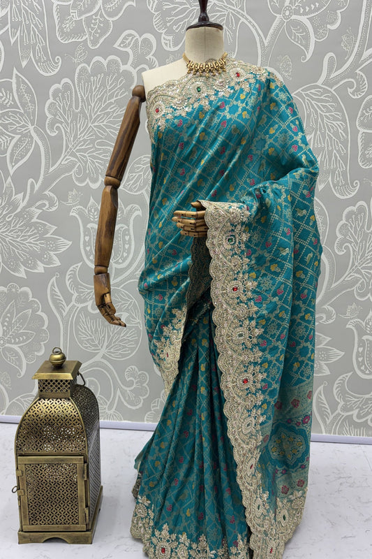 Teal Green Banarasi Silk Saree Heavy Zari Embroidery Rich Designer Border