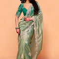 Sea Green Designer Embroidered Silk Saree Heavy Border Blouse Piece