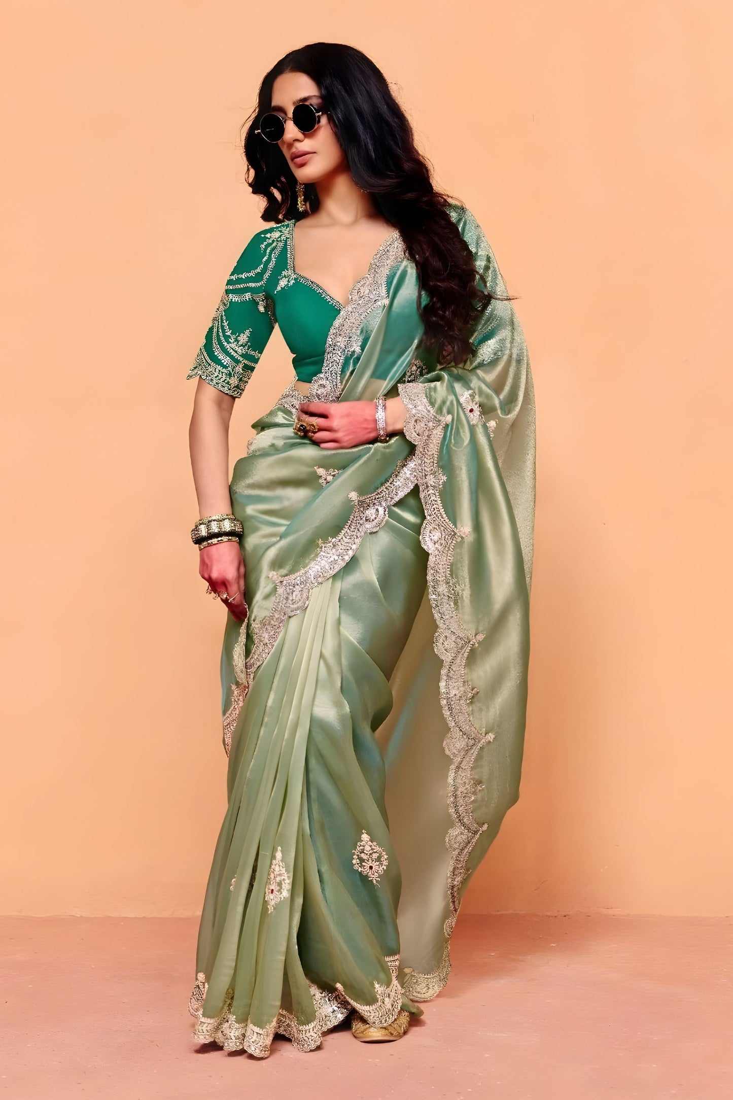 Sea Green Designer Embroidered Silk Saree Heavy Border Blouse Piece
