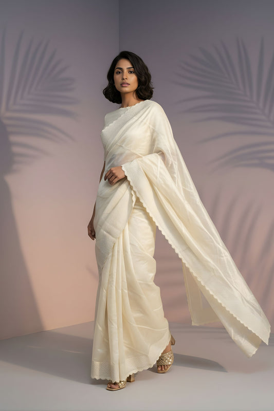 Off-White Silk Saree with Embroidered Border Designer Blouse