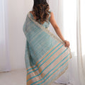 Elegant Sky Blue Linen Designer Saree with Mirror Work Border