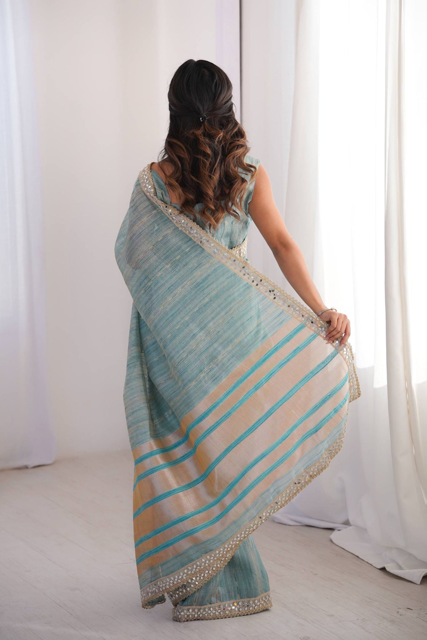 Elegant Sky Blue Linen Designer Saree with Mirror Work Border
