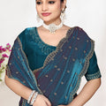 Teal Blue Dual Tone Silk Saree with Zari Embroidered Border Buti Work
