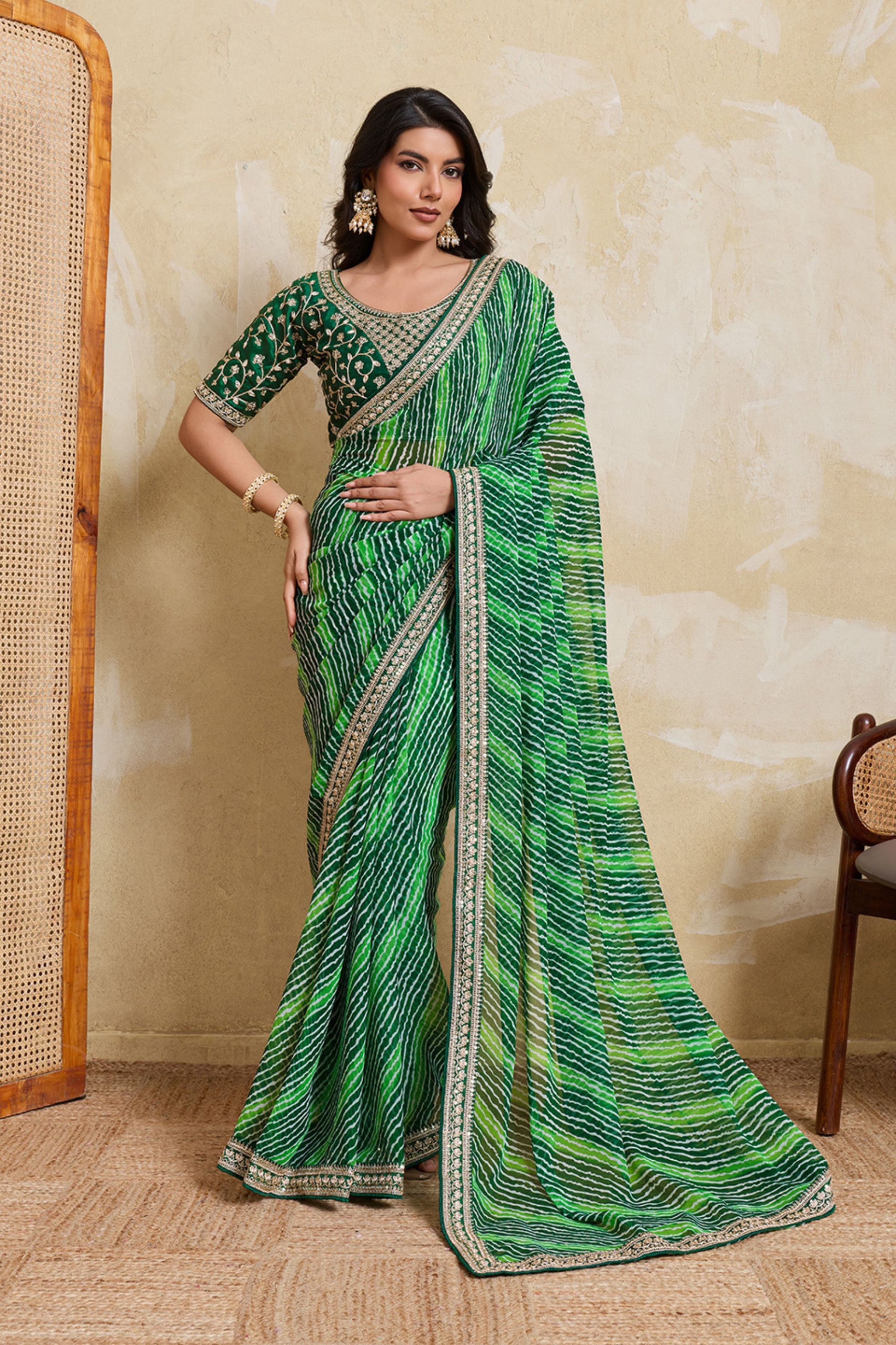 Green Georgette Saree with Golden Embroidered Border Designer Blouse
