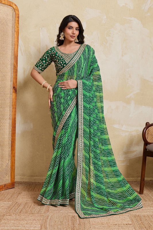 Green Georgette Saree with Golden Embroidered Border Designer Blouse