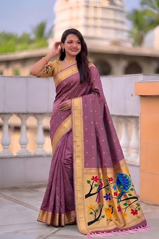 Mauve Cotton Silk Saree Golden Border Peacock Floral Designer Pallu