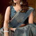 Teal Blue Silver Zari Woven Silk Saree Floral Motifs Traditional Saree