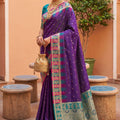 Purple Silk Saree Teal Green Contrast Border Traditional Wear
