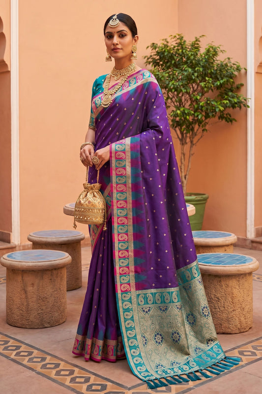 Purple Silk Saree Teal Green Contrast Border Traditional Wear
