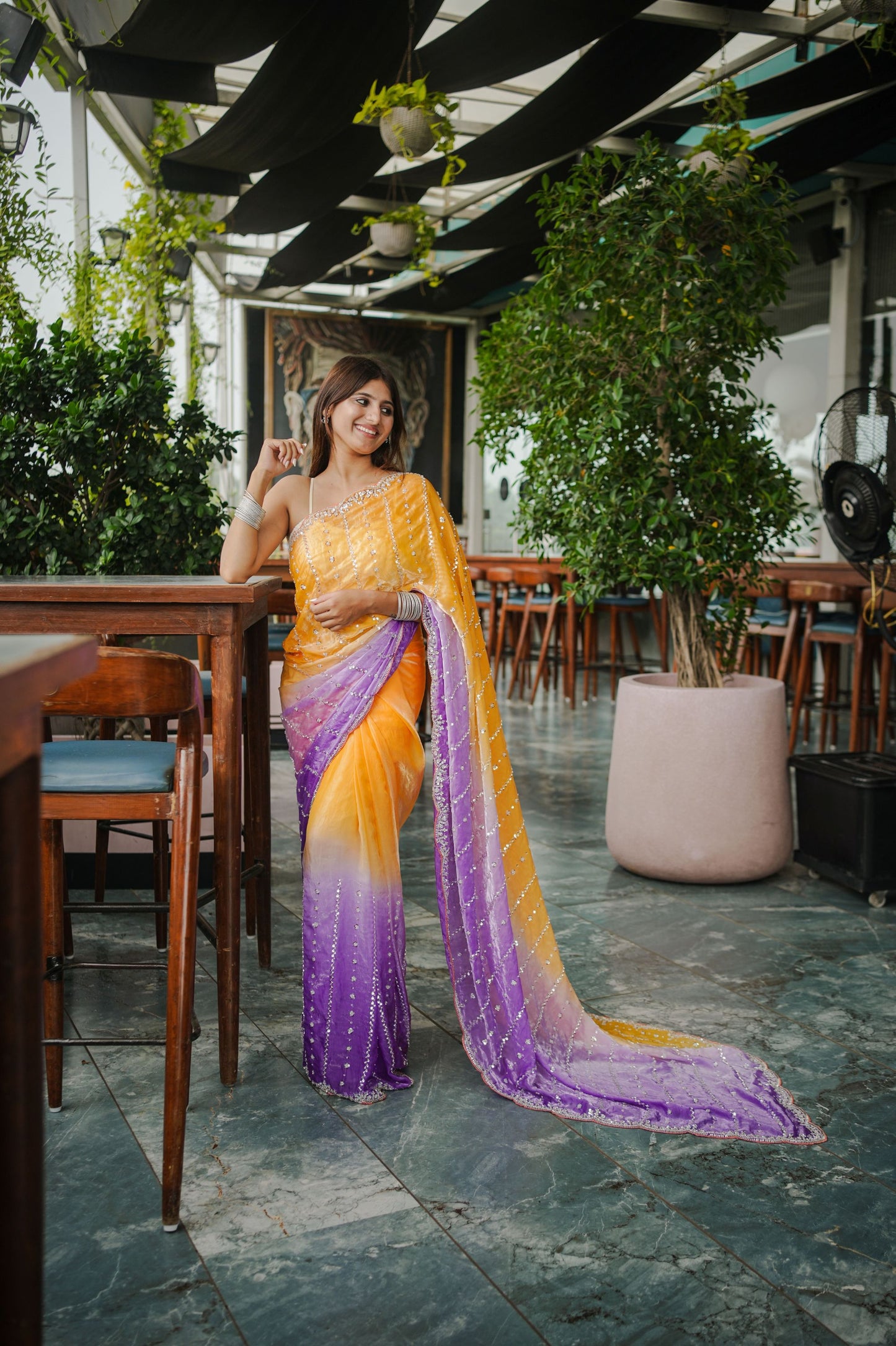 Yellow Purple Ombre Sequins Saree Contrast Border Designer Party Wear