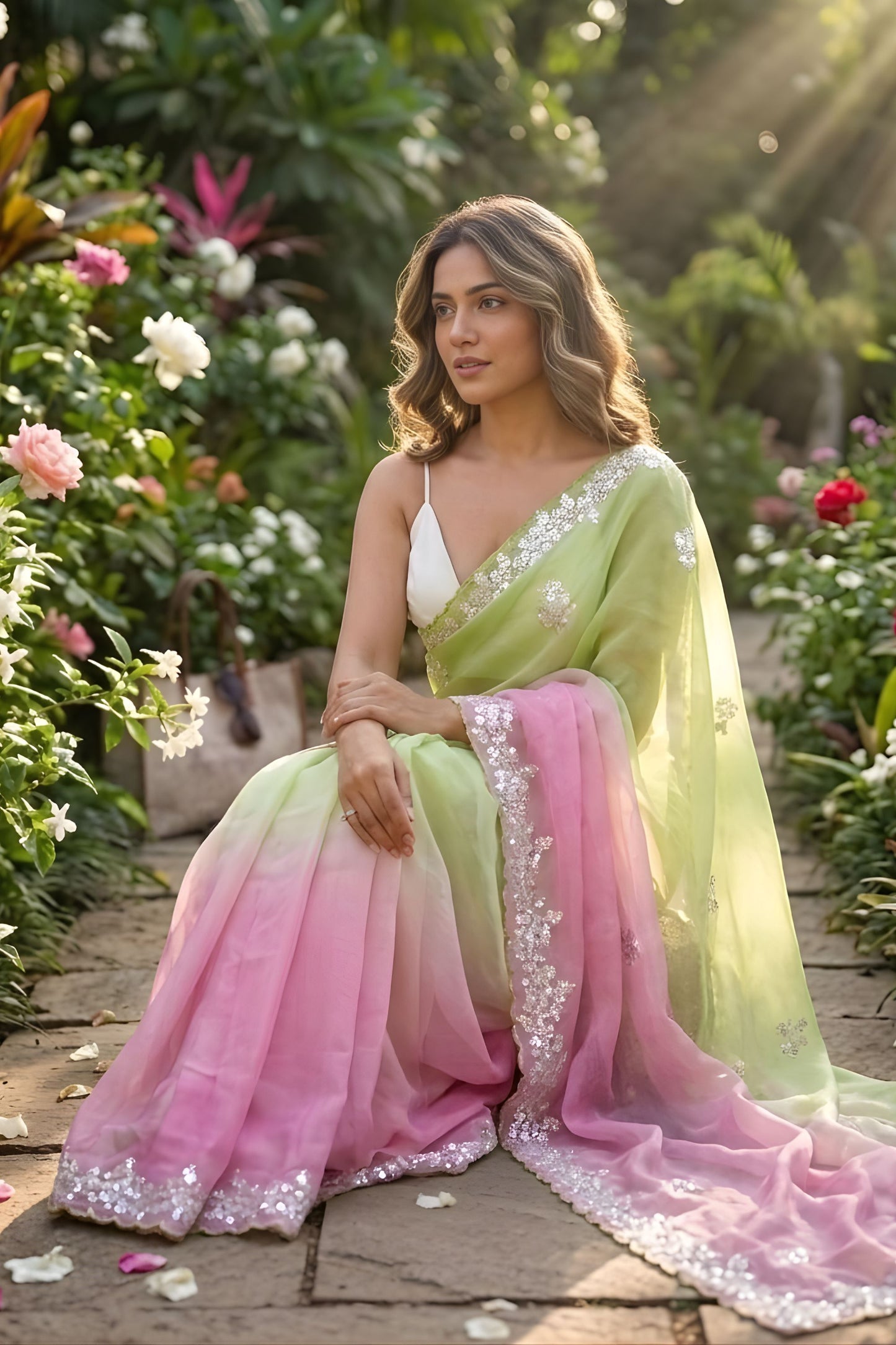 Green Pink Ombre Designer Saree with Sequin Embroidered Border