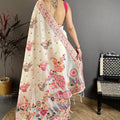 Off White Satin Silk Saree Multicolor Floral Print Designer Border