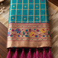 Turquoise Blue Paithani Silk Saree Traditional Zari Border Purple Designer Blouse